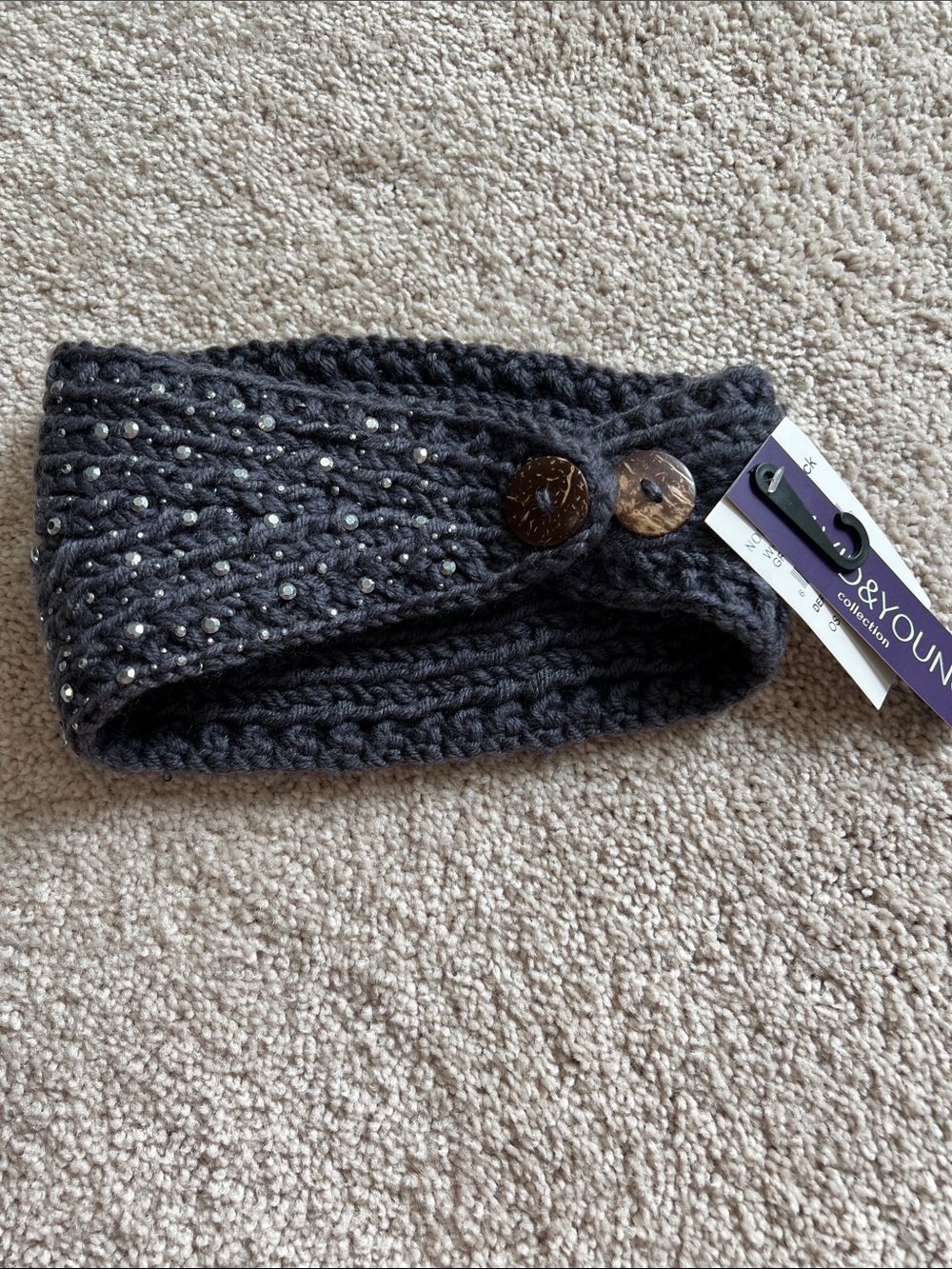 David and Young Charcoal Knit Headband Ear Warmer with Rhinestones and Buttons